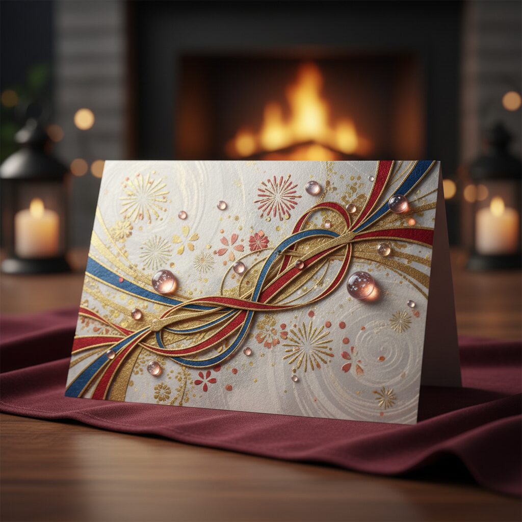 AI로 제작된 개성 있는 새해 인사 카드 예시 화려한 그래픽과 함께 새해 문구가 적혀 있음