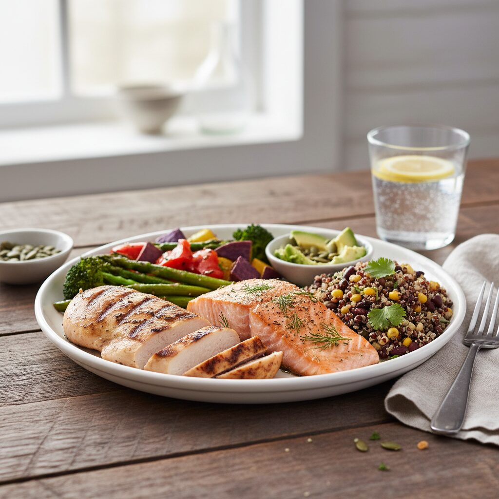 다이어트 식단을 위한 단백질이 풍부한 건강한 식사 접시