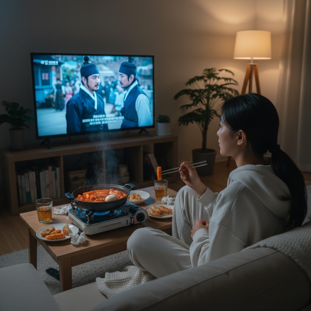 떡볶이와 함께 드라마를 감상하는 모습