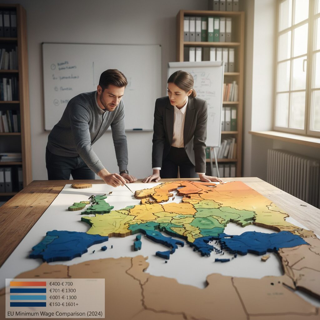 유럽연합 회원국들의 최저임금 수준을 비교한 지도