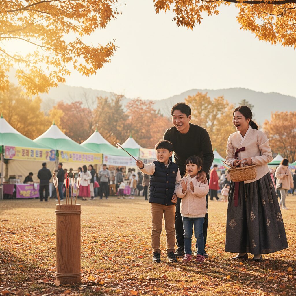 구리 가을애 축제에서 가족이 함께 전통 투호 놀이를 즐기고 있는 모습