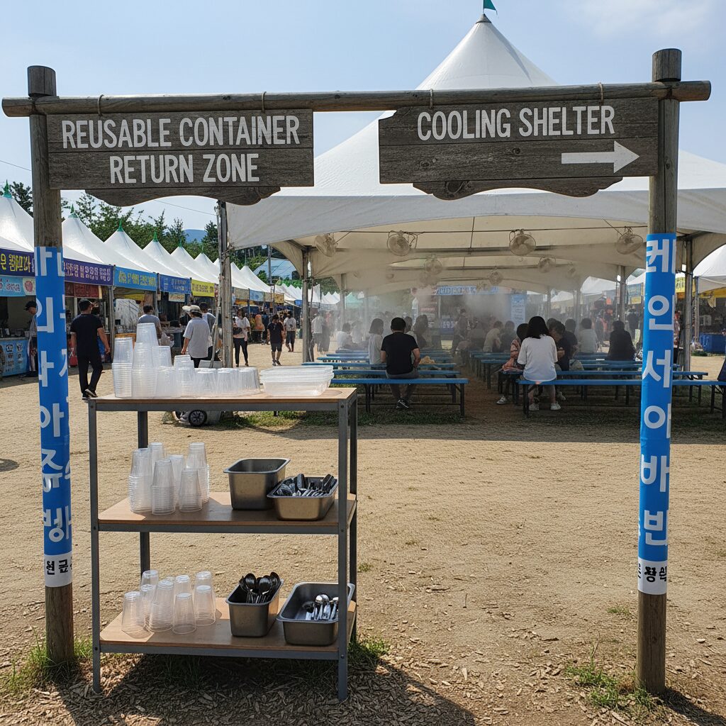 청양고추구기자축제의 다회용기 반납존과 무더위쉼터 표지판