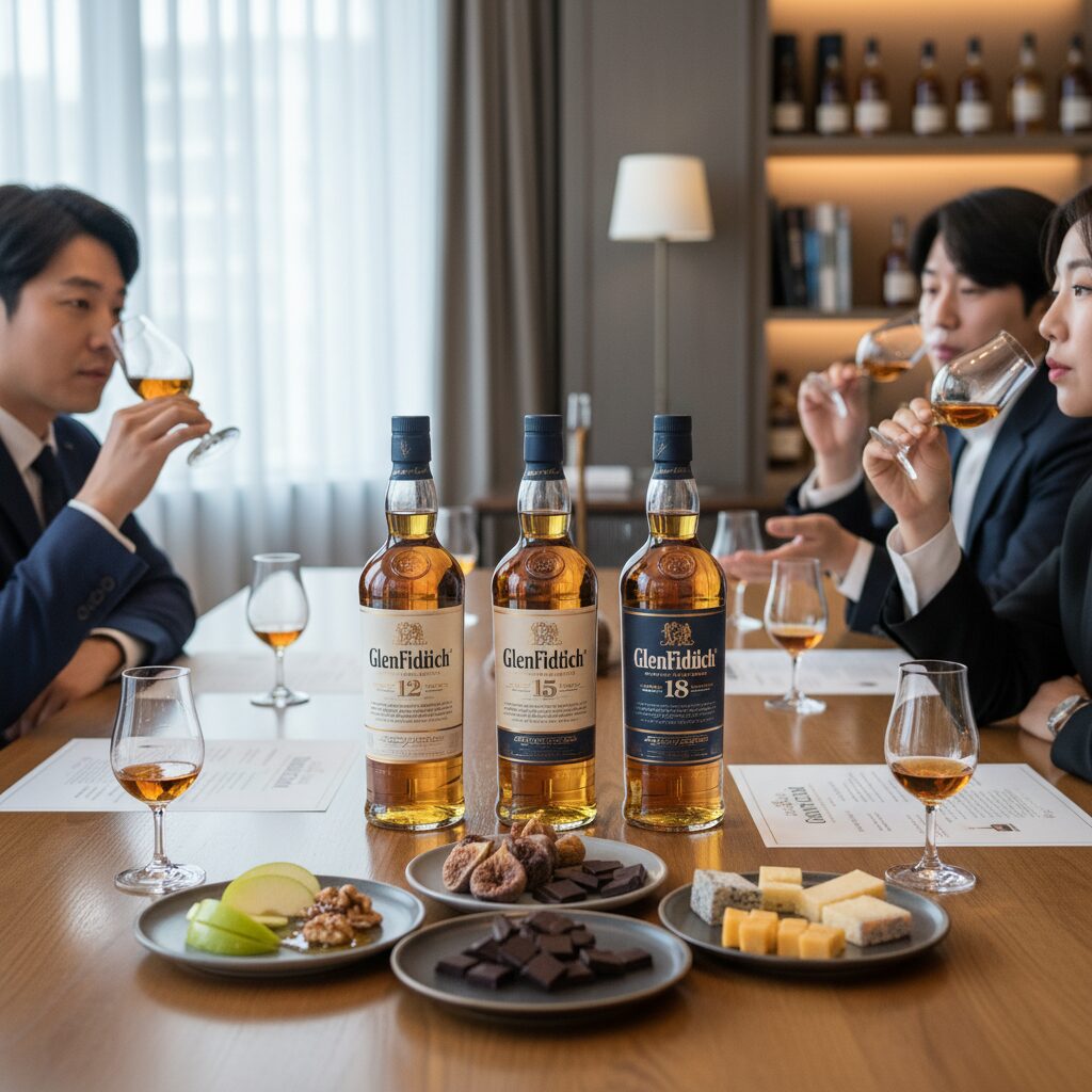 글렌피딕 테이스팅 클래스에서 12년 15년 18년 위스키와 페어링 음식이 준비된 테이블