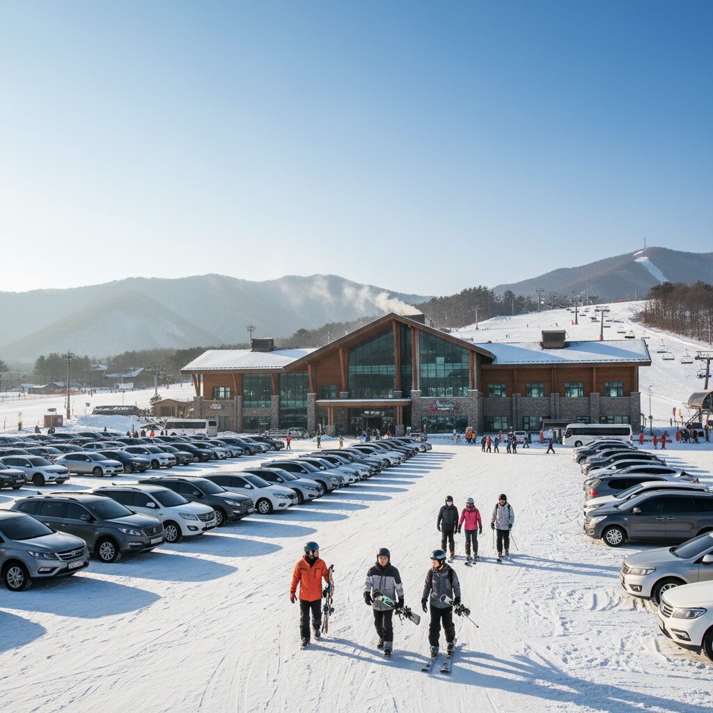 곤지암리조트 스키장 주차장과 스키하우스 전경