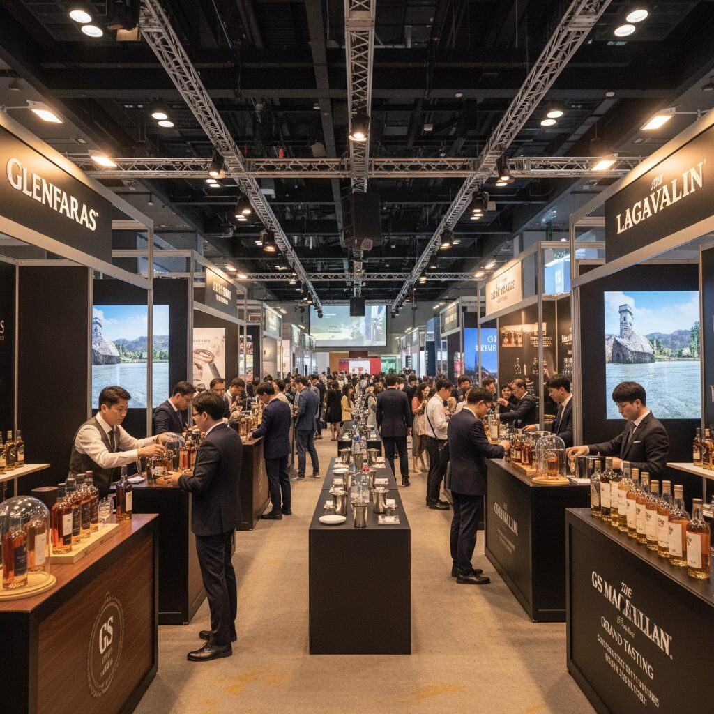 GS 그랜드테이스팅 행사장 내 다양한 위스키 브랜드 부스가 있는 모습