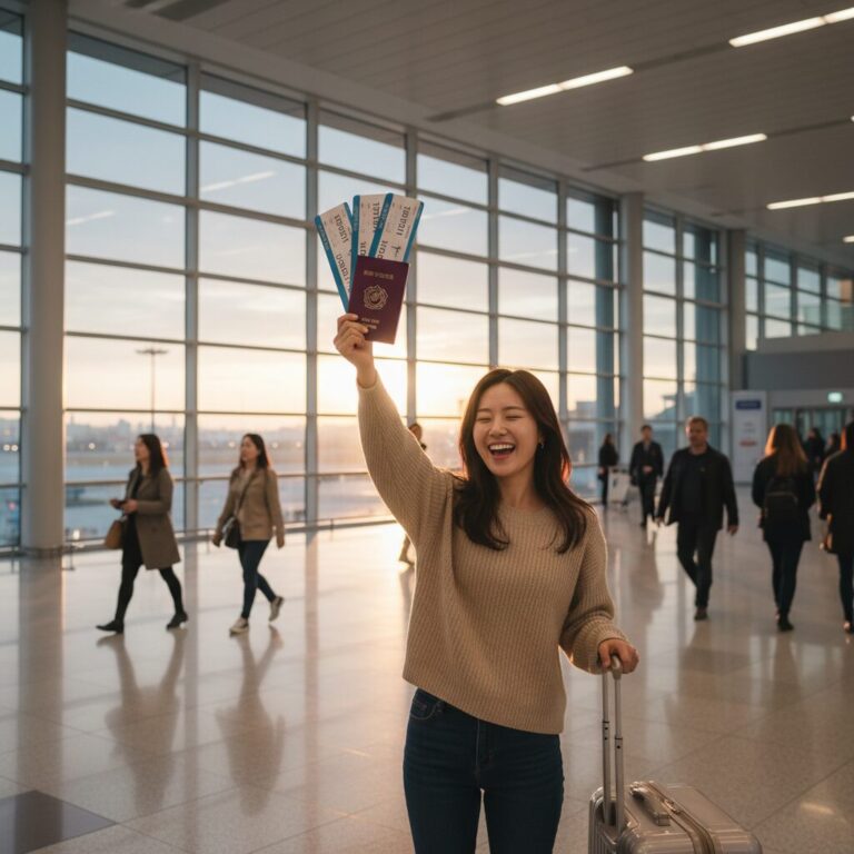설 연휴 해외여행 항공권을 들고 기뻐하는 여성