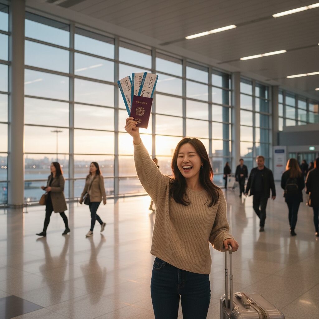 설 연휴 해외여행 항공권을 들고 기뻐하는 여성