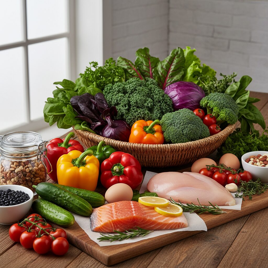 한 주치의 다이어트 식단 준비를 위한 신선한 채소와 단백질 식재료