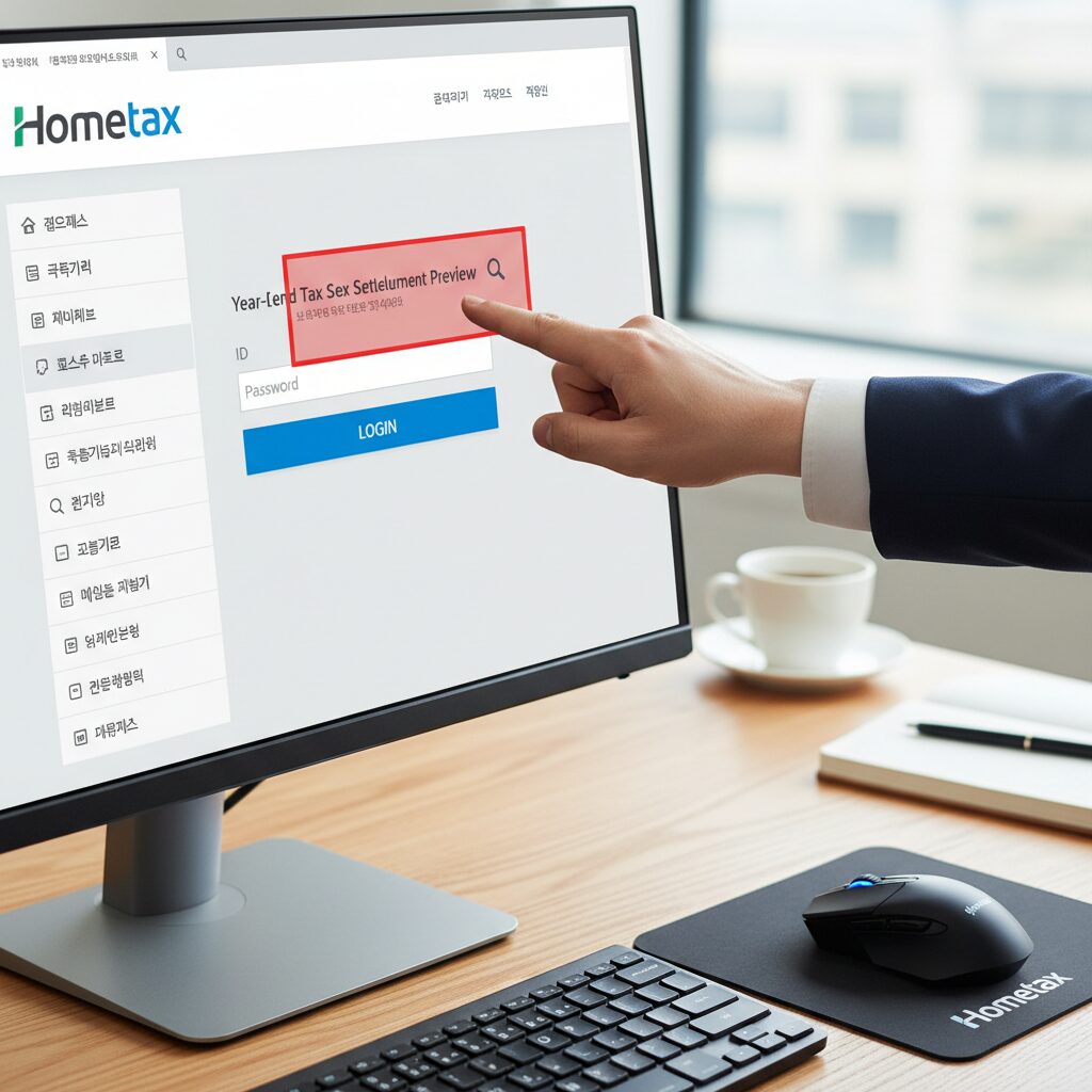 홈택스 로그인 화면과 연말정산 미리보기 메뉴 위치
