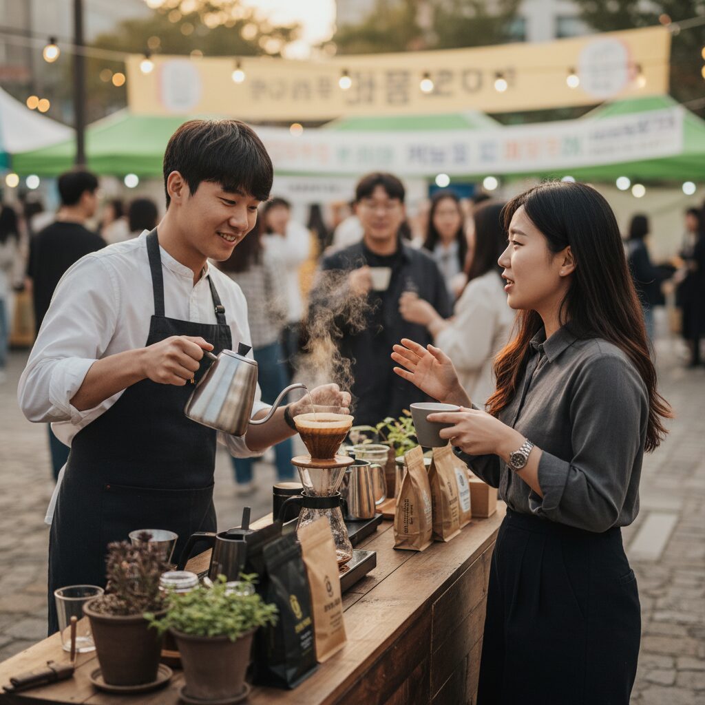 성북커피축제에서 바리스타가 커피를 내려주며 참여자와 대화하는 모습
