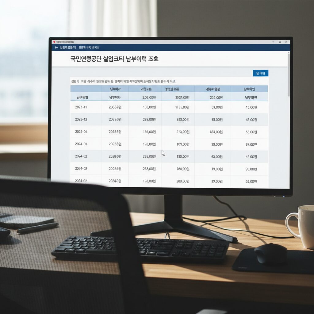 국민연금공단 사이트에서 실업크레딧 납부이력 조회하는 화면