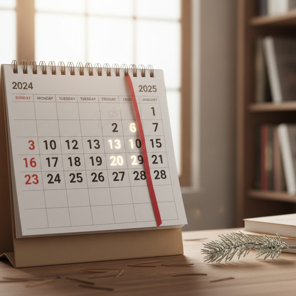 새해 인사말 적절한 타이밍을 나타내는 달력 사진 12월 말과 1월 초가 강조되어 있음