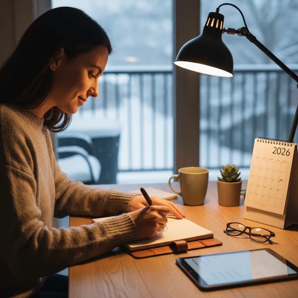 2026년 새해 계획을 책상 앞에서 작성하는 모습