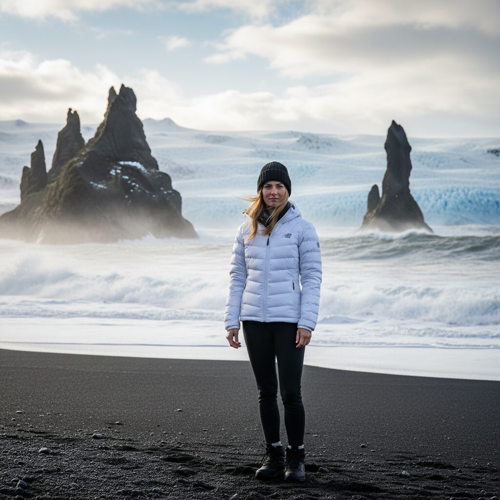 뉴발란스 액티브 숏다운 화이트 컬러 여성 착용 사진 아이슬란드 배경
