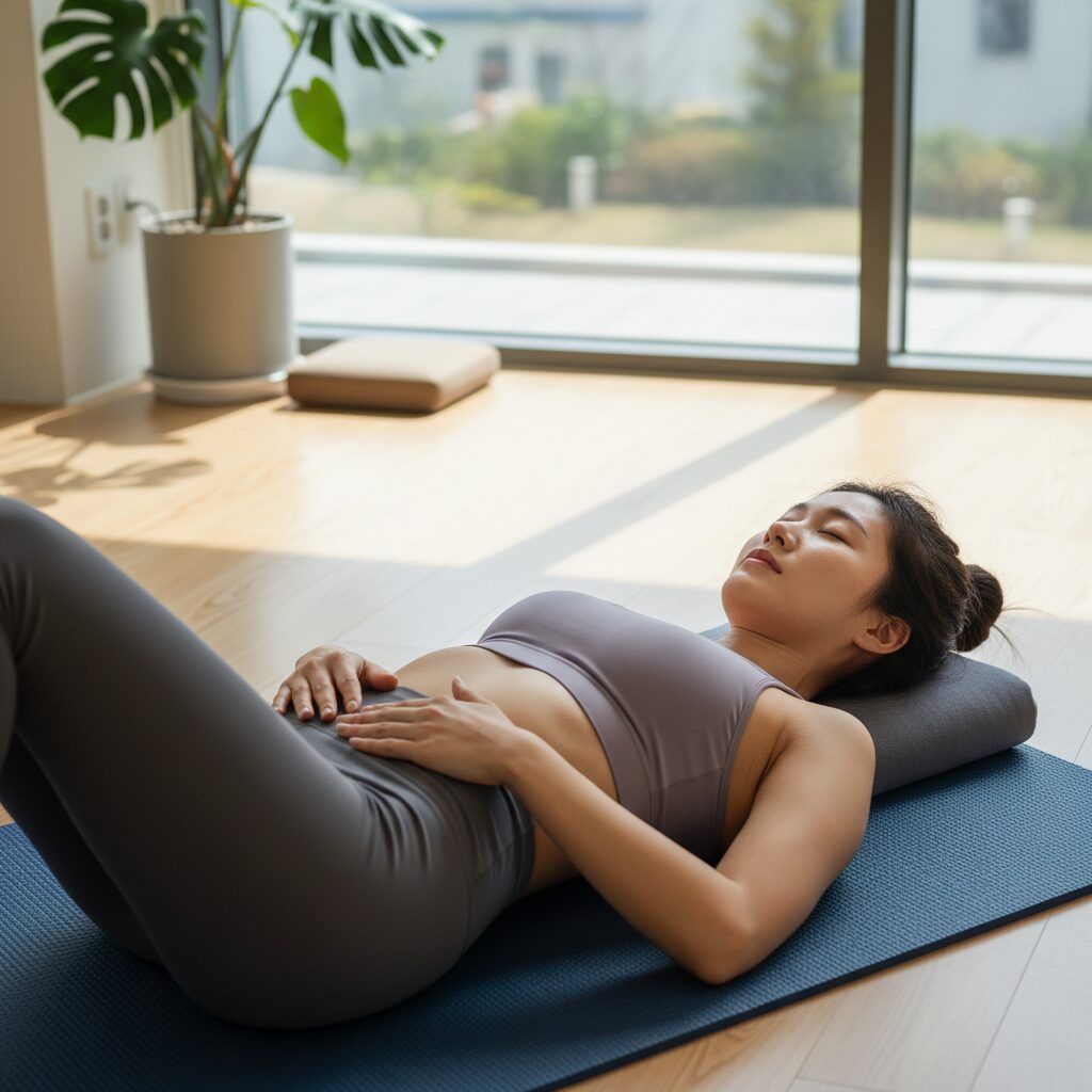 필라테스 매트 위에서 호흡을 조절하며 명상하는 여성