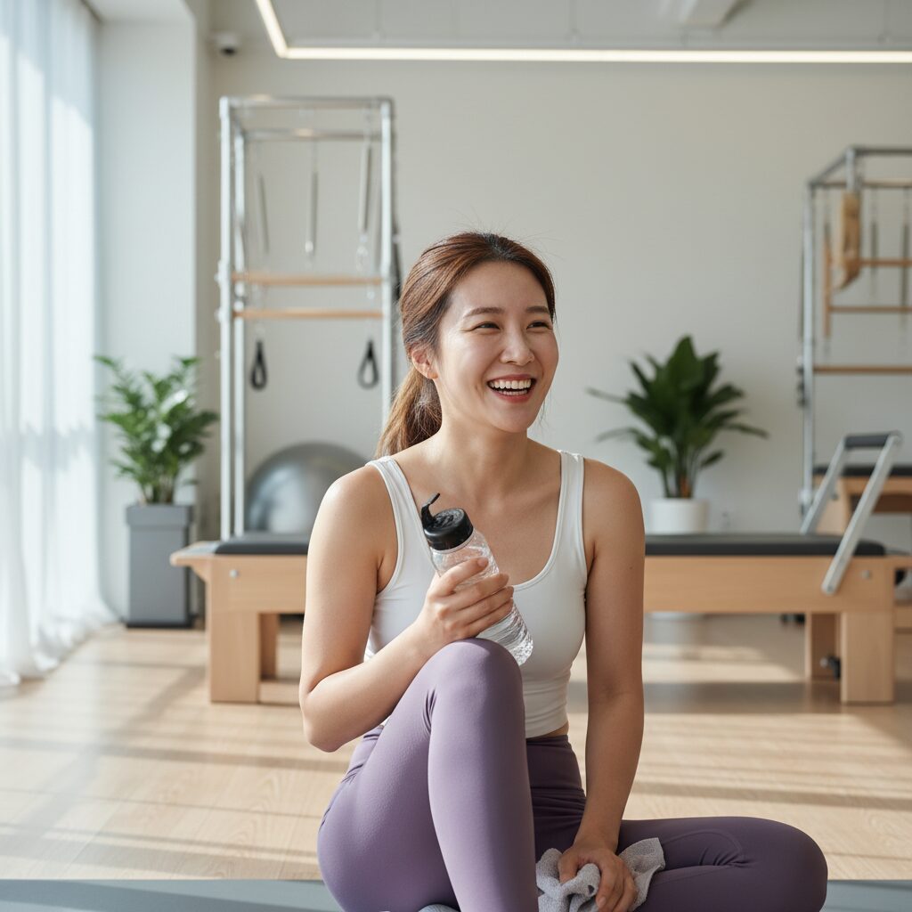 필라테스 수업 후 밝은 미소를 지으며 만족하는 여성