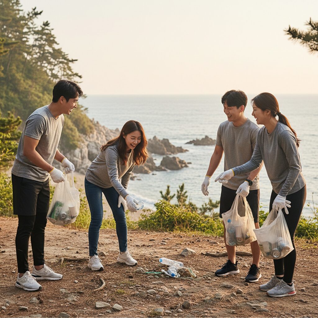 친구들과 함께 플로깅을 시작하며 쓰레기를 주우고 웃고 있는 모습