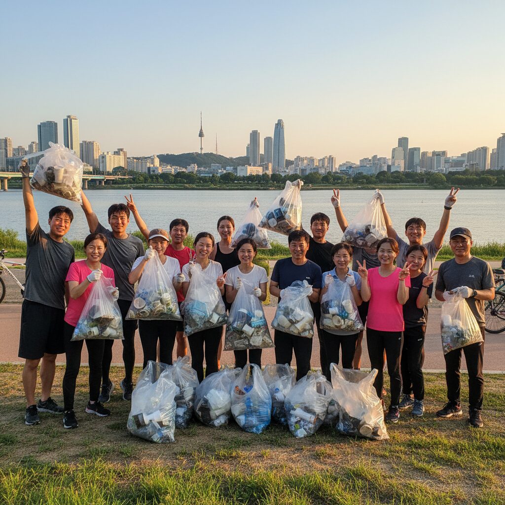 플로깅 모임 참가자들이 수거한 쓰레기 봉투와 함께 단체 사진을 찍는 모습