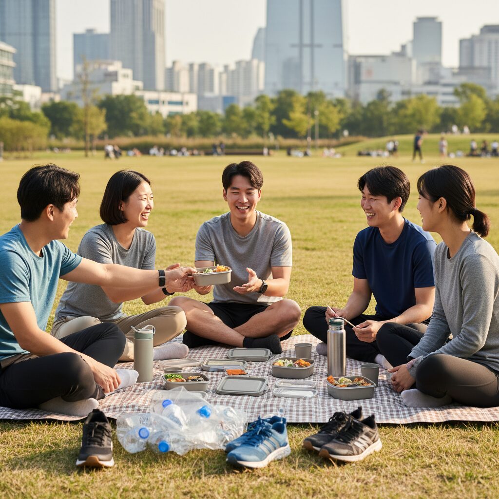 플로깅 활동 후 참가자들이 돗자리에 앉아 도시락을 나누어 먹으며 대화하는 모습