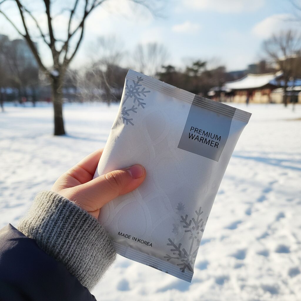 국산 고급 일회용 미니 핫팩이 아이 손에 쥐어져 있는 모습