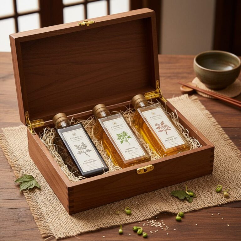 고급스러운 나무 상자에 담긴 참기름 들기름 새싹땅콩유 선물세트