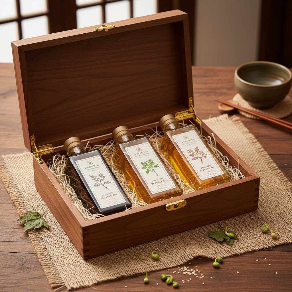 고급스러운 나무 상자에 담긴 참기름 들기름 새싹땅콩유 선물세트