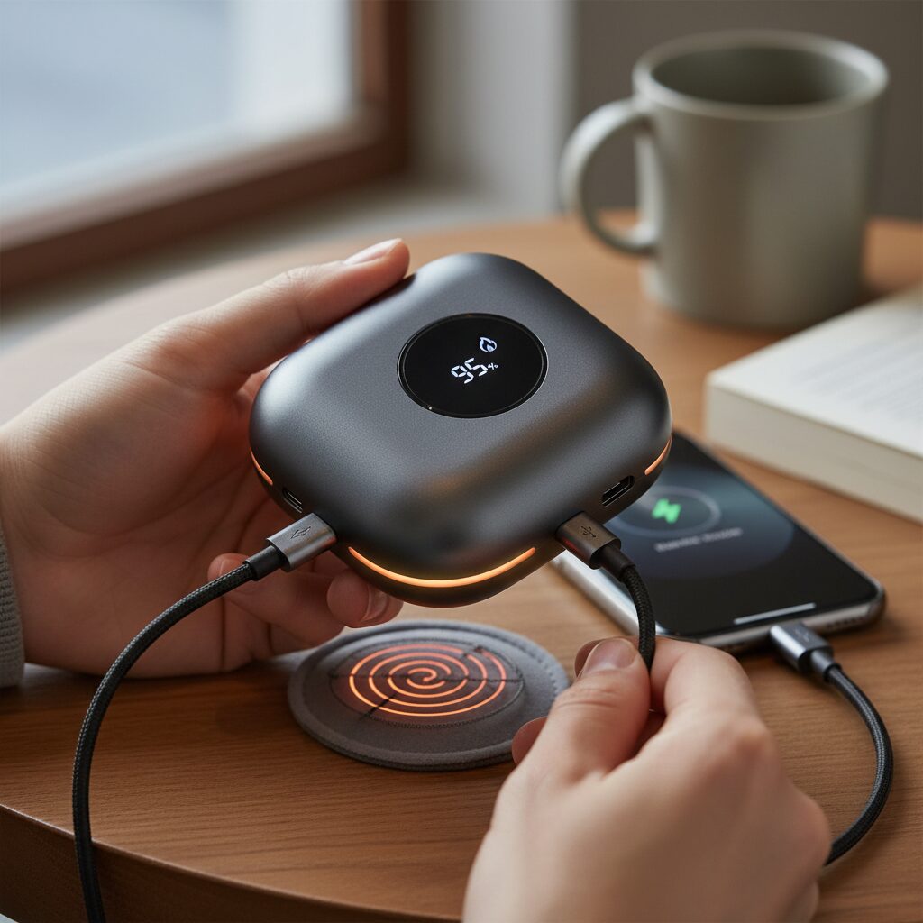 충전식 전기 손난로와 보조배터리 기능을 보여주는 사진