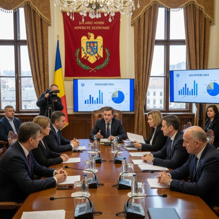루마니아 정부와 노사 대표가 최저임금을 논의하는 회의 장면
