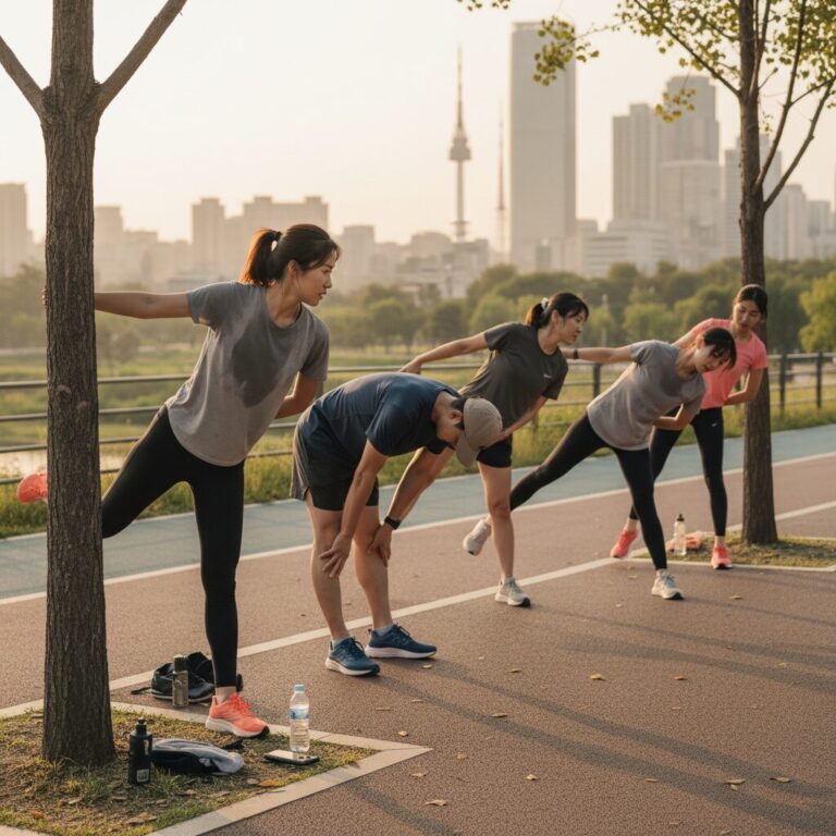 러닝 크루 멤버들이 러닝 후 함께 정리 운동 스트레칭을 하고 있는 모습