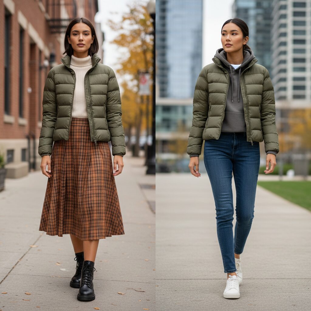 여성 숏패딩 코디 예시 스커트와 팬츠 두 가지 스타일