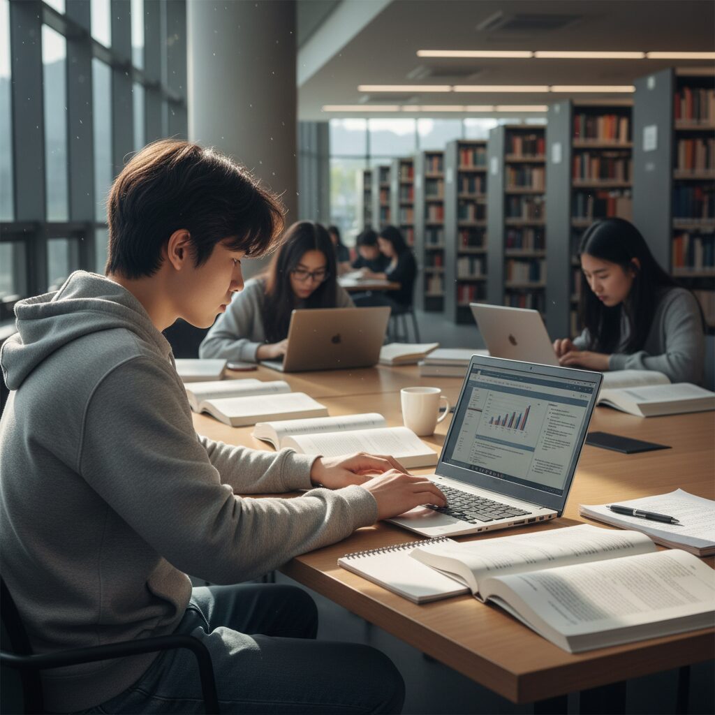 대학생이 도서관에서 레노버 노트북으로 공부하는 모습