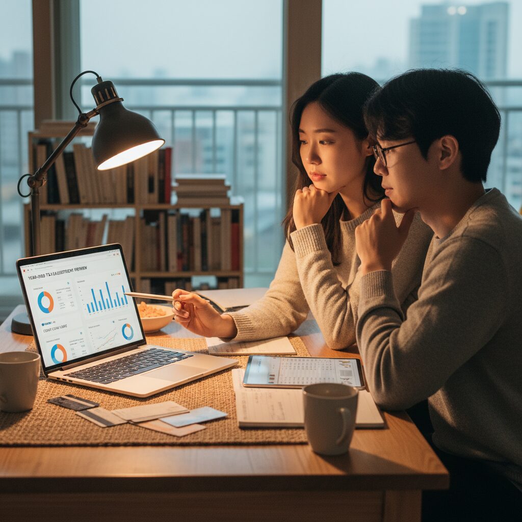 연말정산 미리보기 결과를 보고 카드 사용과 저축 계획을 수정하는 모습