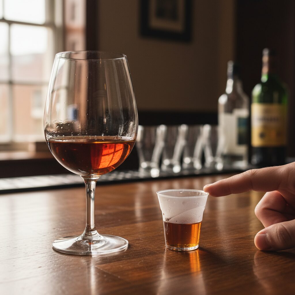 큰 시음잔과 작은 플라스틱 시음잔이 나란히 놓여 비교되고 있는 모습