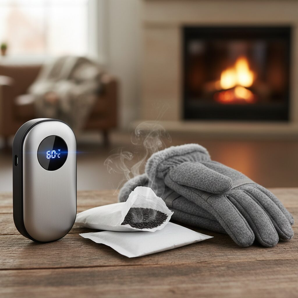 충전식 손난로, 일회용 핫팩, 장갑이 나란히 놓여 있는 비교 사진