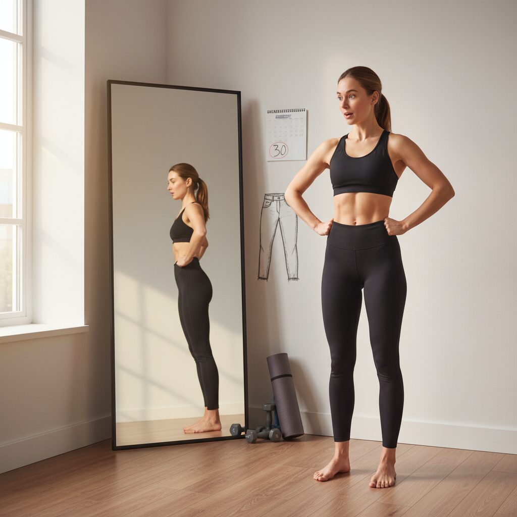 거울 앞에서 한 달 다이어트 후의 몸의 변화를 살펴보는 여성
