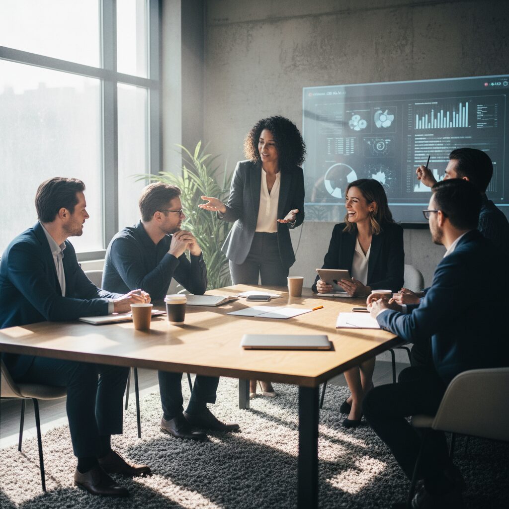 회의실에서 소통하는 다양한 직장인들의 모습