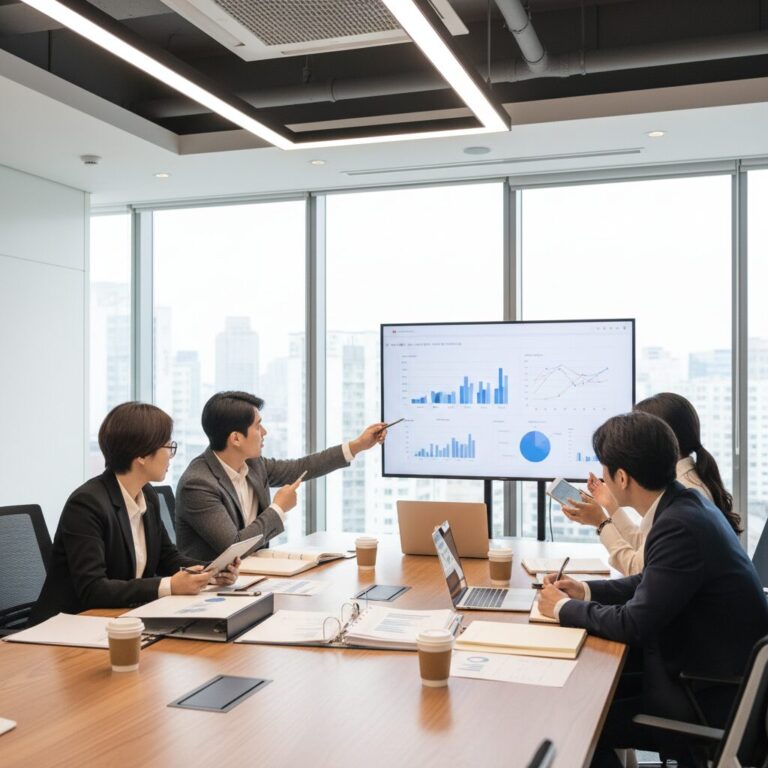 청년 창업가들이 회의실에서 사업계획서를 논의하는 모습