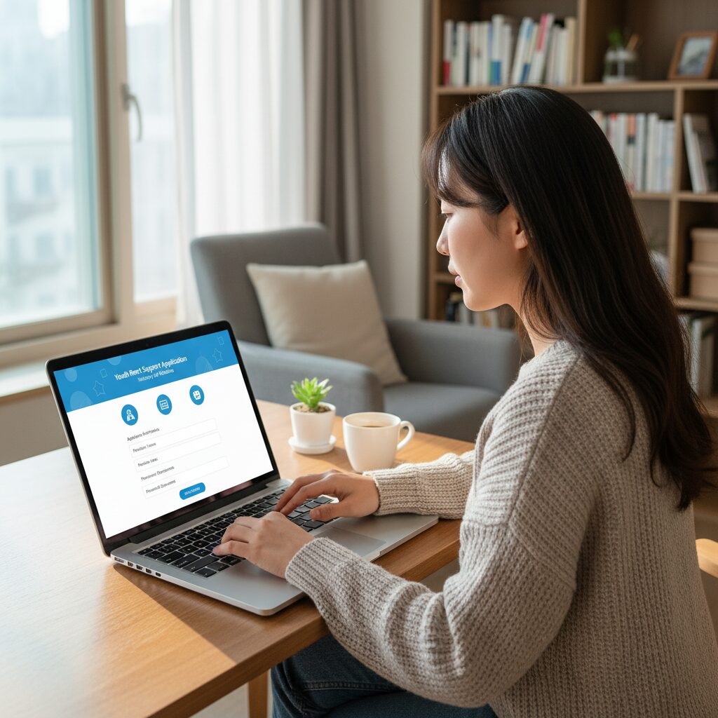노트북으로 복지로 웹사이트를 통해 청년월세지원금을 신청하는 여성