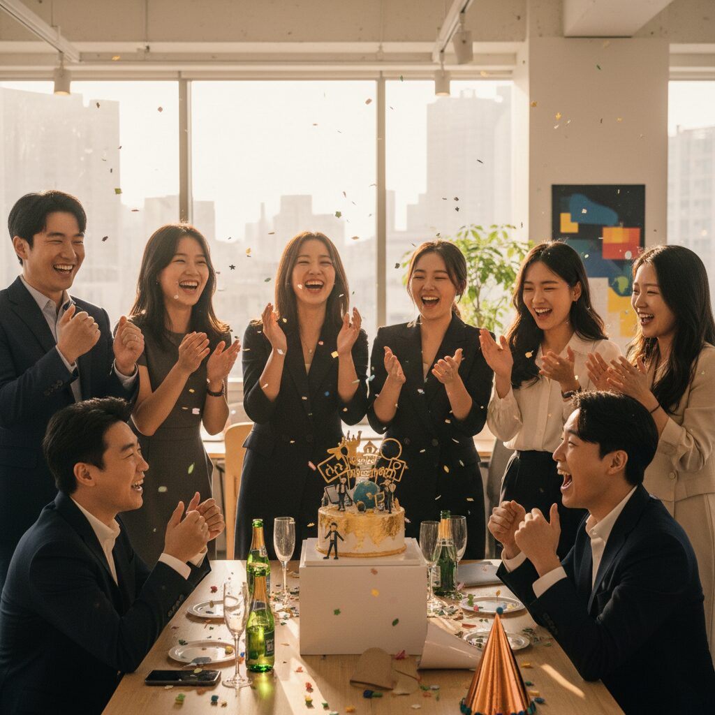 다양한 청년들이 함께 모여 성공을 기념하며 웃고 있는 모습