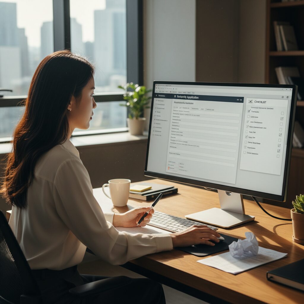 컴퓨터 화면에 열린 원서 작성 페이지와 체크리스트를 확인하는 모습