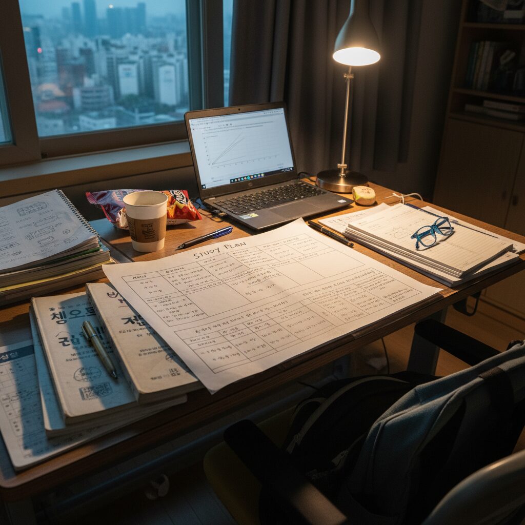 2026 정시모집을 위한 수능 공부 계획표와 교과서가 놓인 책상