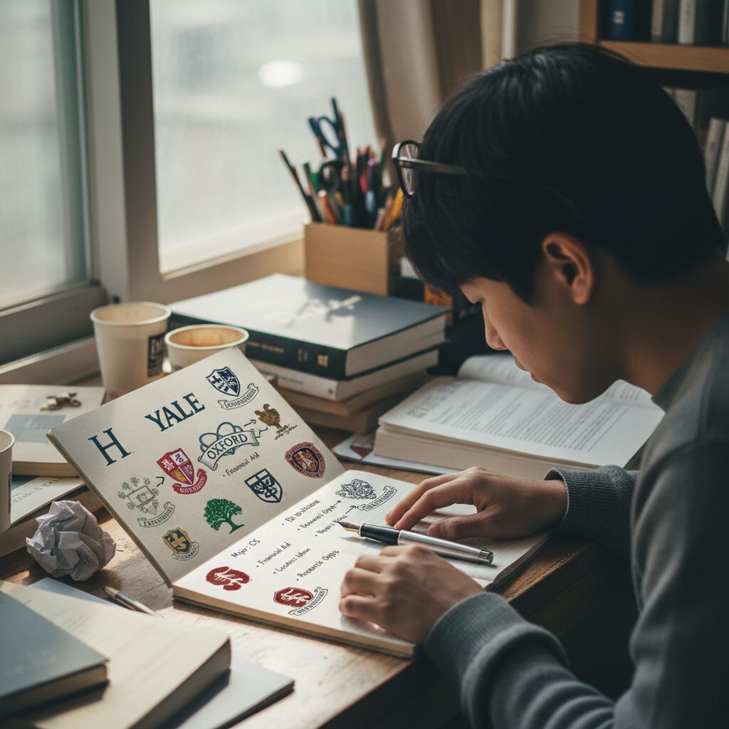 여러 대학 로고가 적힌 노트와 펜으로 지원 전략을 고민하는 모습