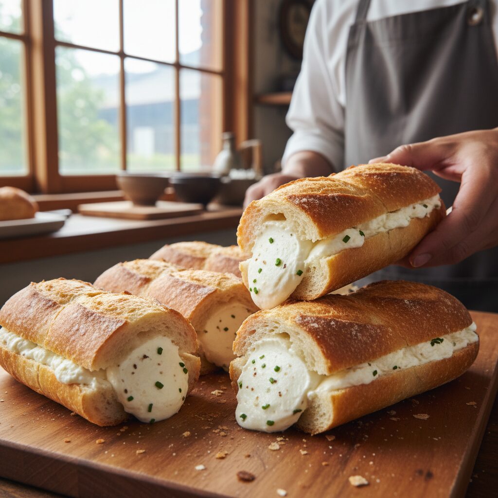 아빠의바게트 크림치즈바게트 가득 찬 크림치즈 필링이 보이는 사진