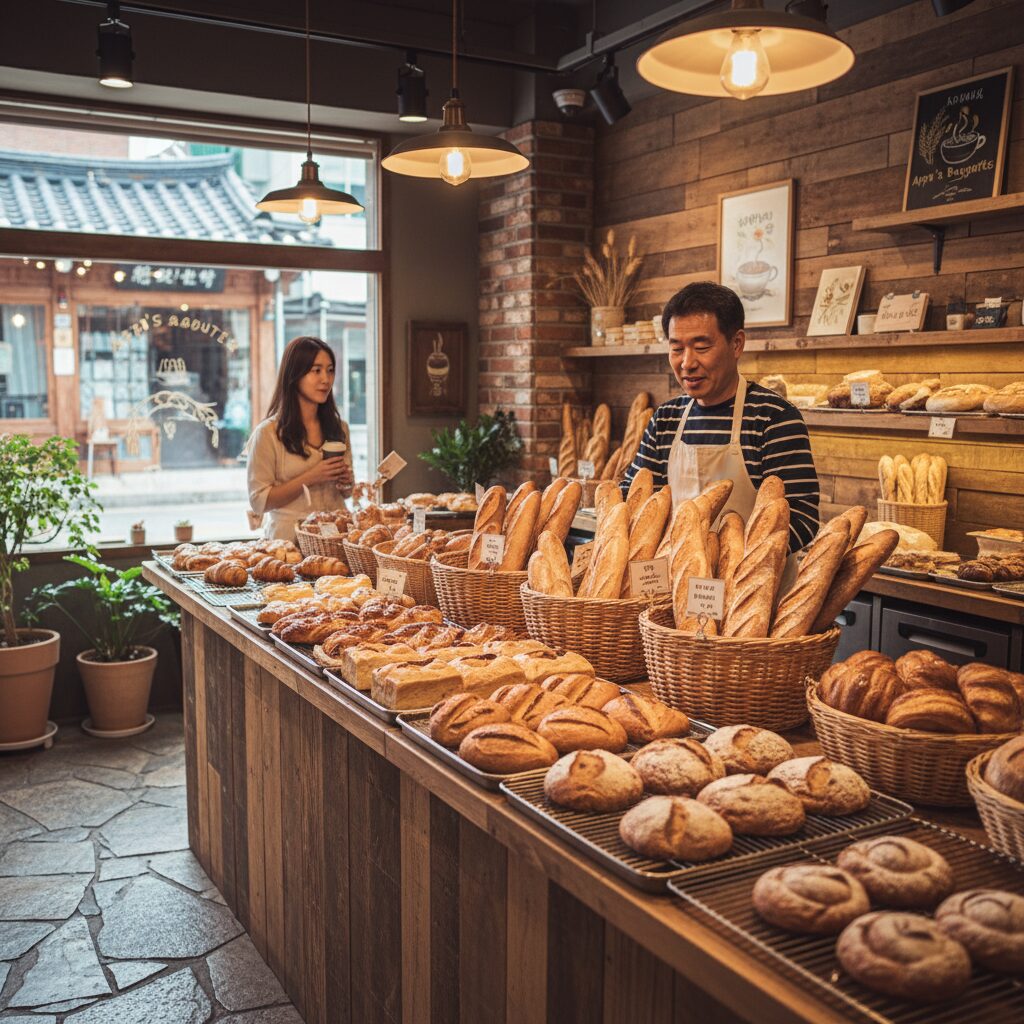 아빠의바게트 매장 내부 아늑한 인테리어와 진열된 빵들