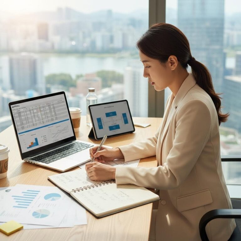 오토셀 사업을 위해 계획을 세우고 체크리스트를 확인하는 모습