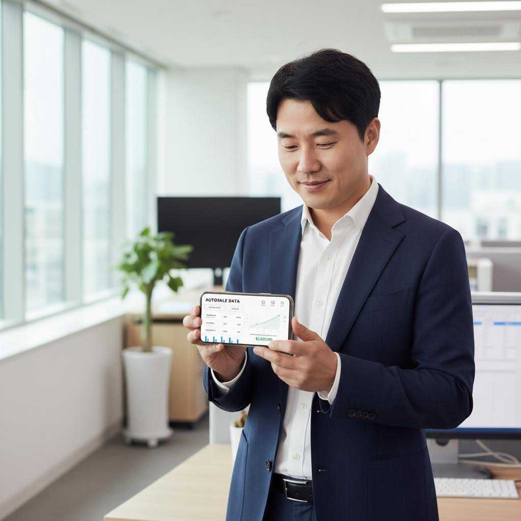 스마트폰 앱으로 오토셀 재고와 매출을 확인하는 화면