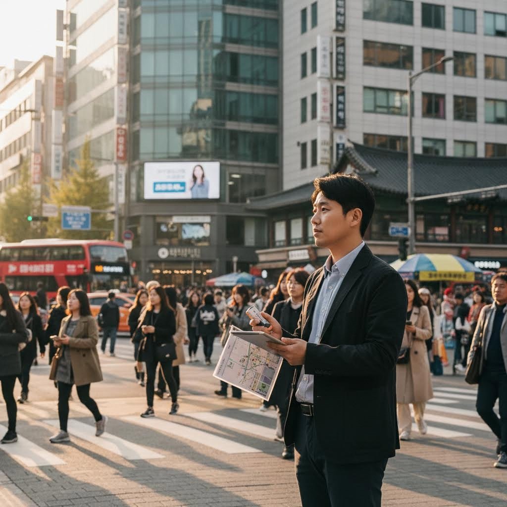 오토셀 설치를 위해 유동인구를 확인하는 사람