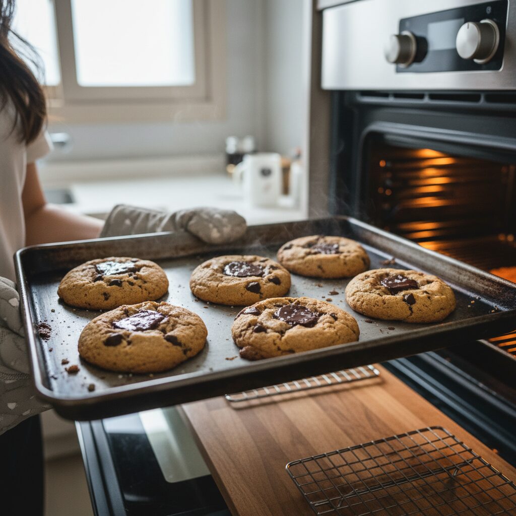 오븐에서 갓 꺼낸 구움 초콜릿 쿠키가 팬 위에 놓여 있음