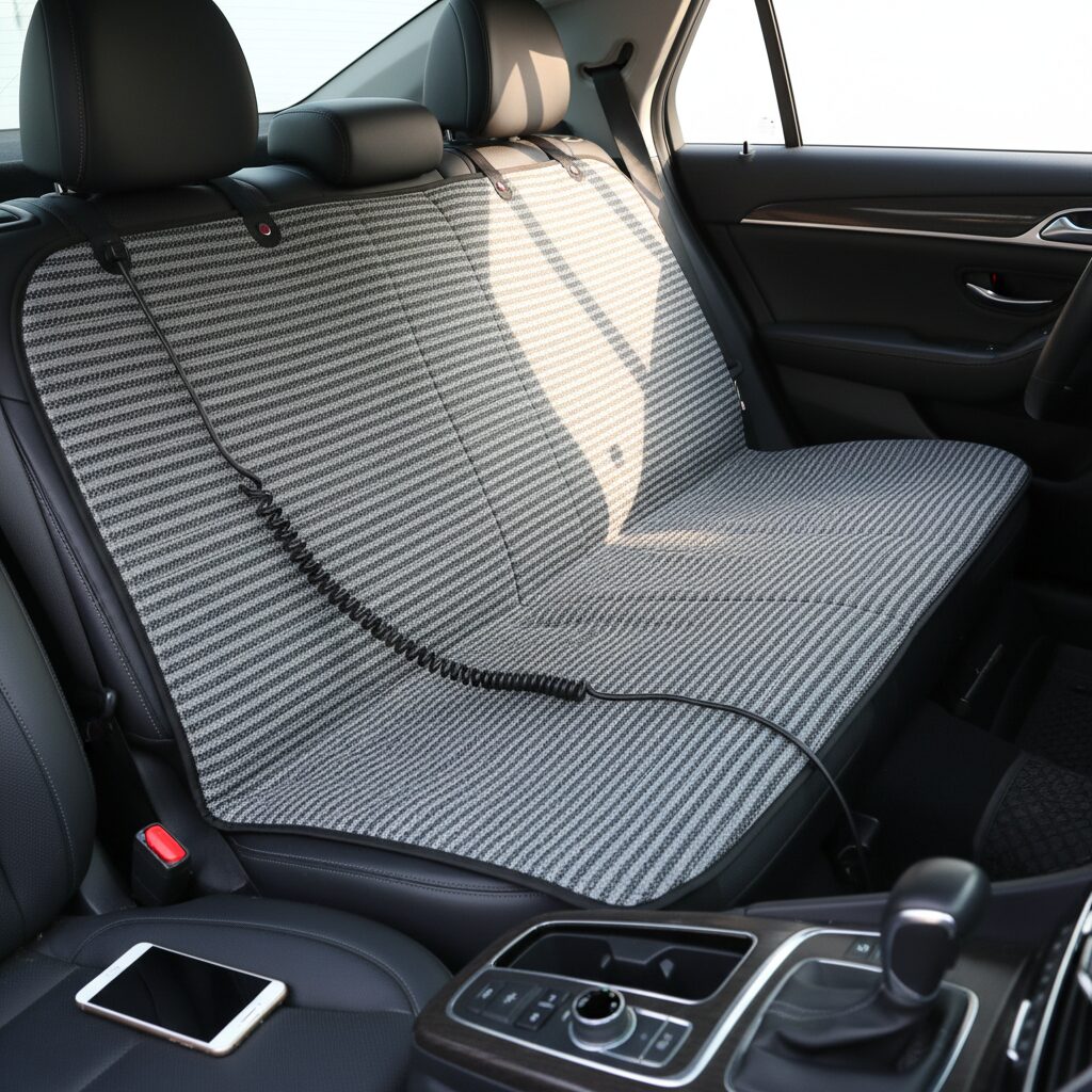 차량 내부에 깔린 줄무늬 디자인의 차량용 12V 전기매트