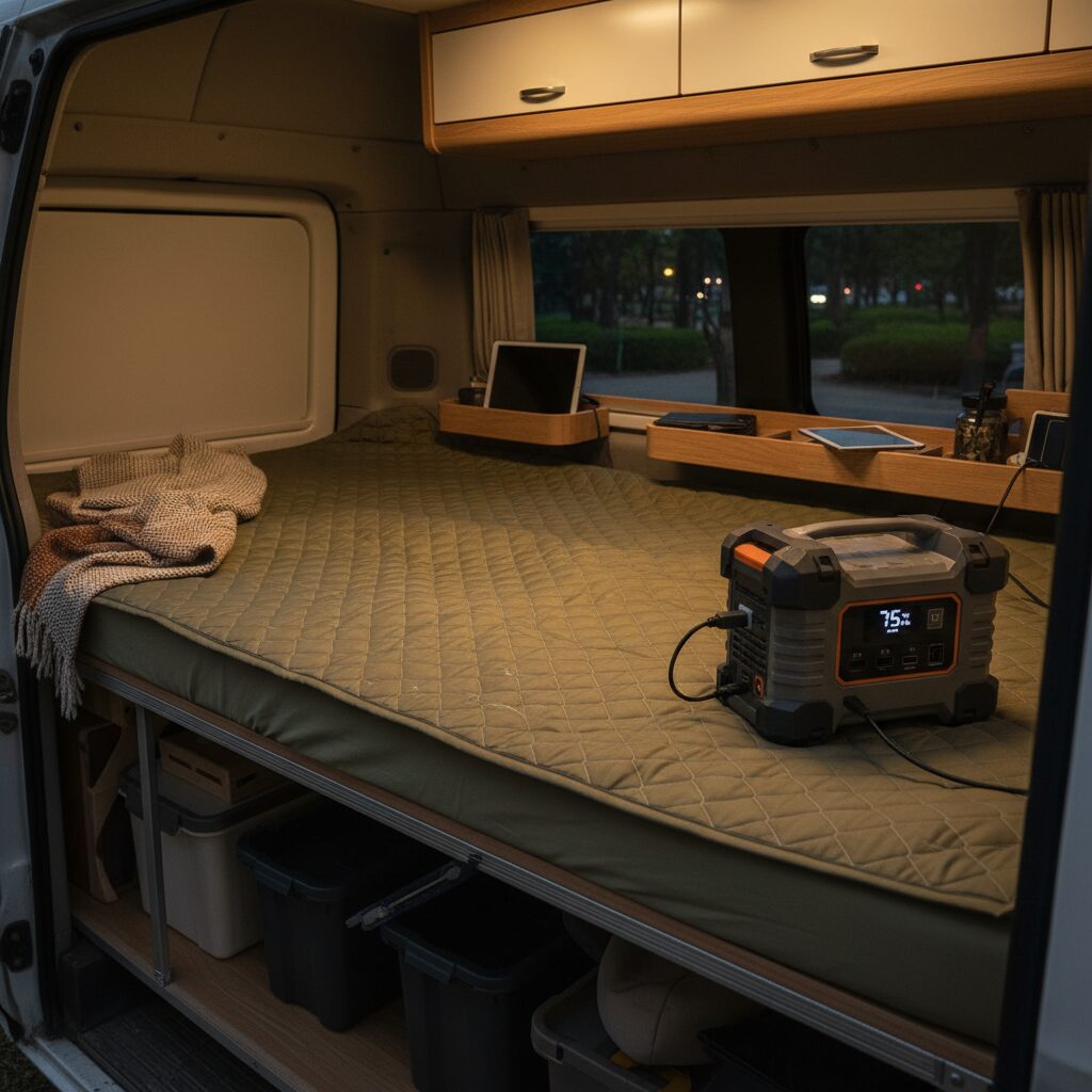 차량 내부 침대 공간에 깔린 카키색 탄소 온열매트와 파워뱅크